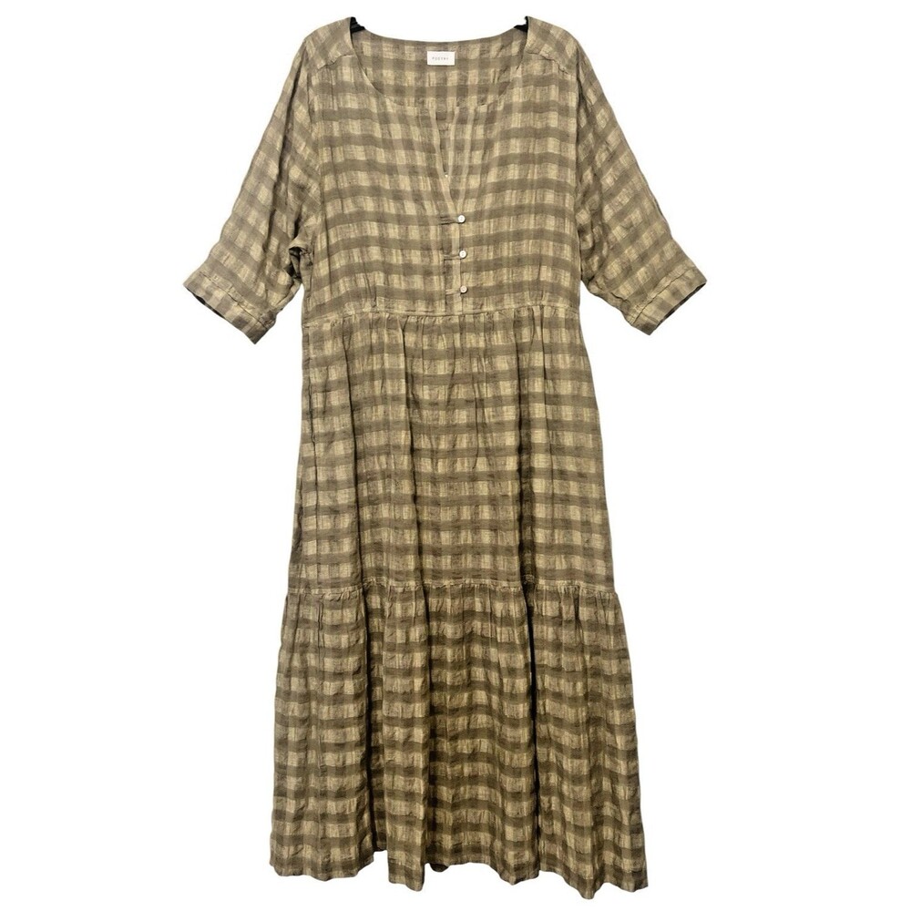 POETRY Green Tiered Check Midi Maxi Dress Crinkle Linen Blend Lined Pockets 10